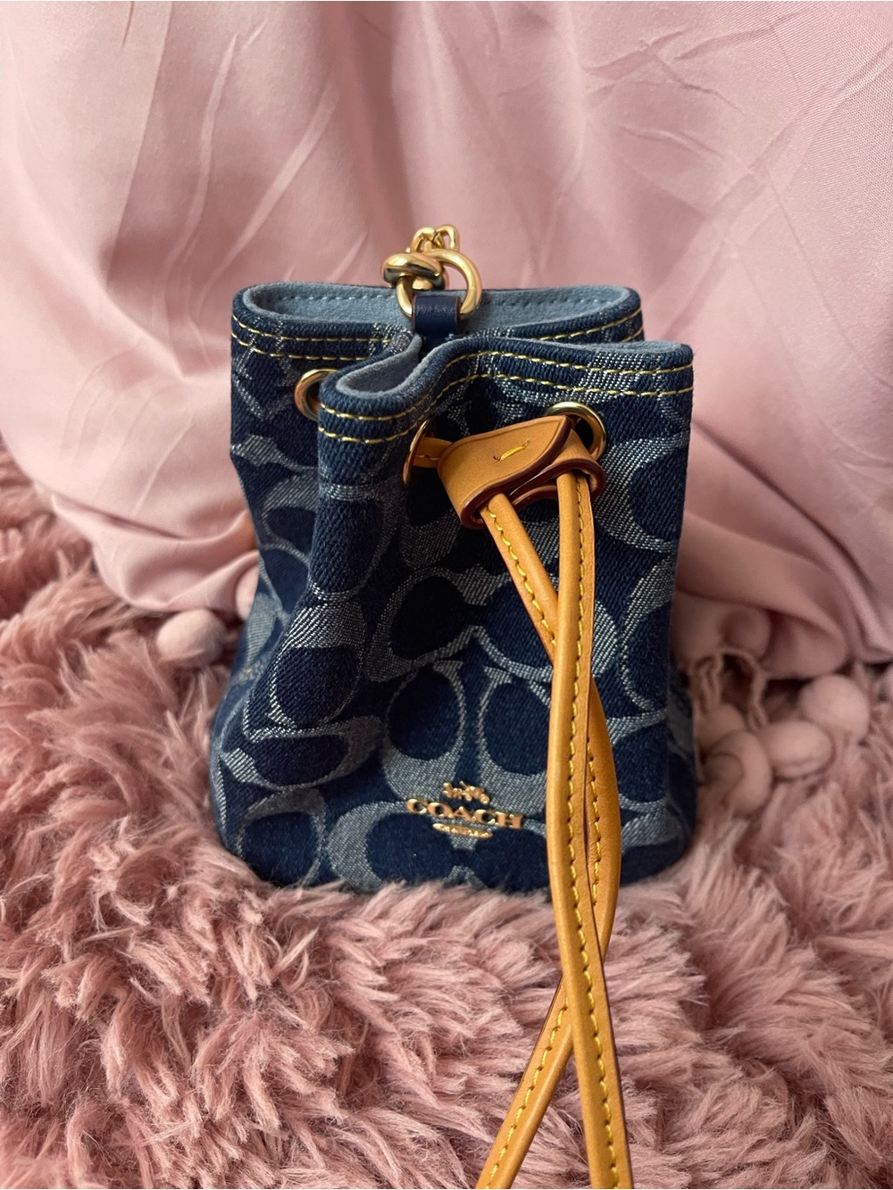 Coach Mini Bucket Bag in Navy Denim with Tan Leather Trim - Picture 2 of 12